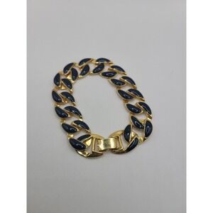 Vintage‎ Gold Tone Navy Blue Enamel Curb Link Bracelet Hidden Box Clasp Chunky